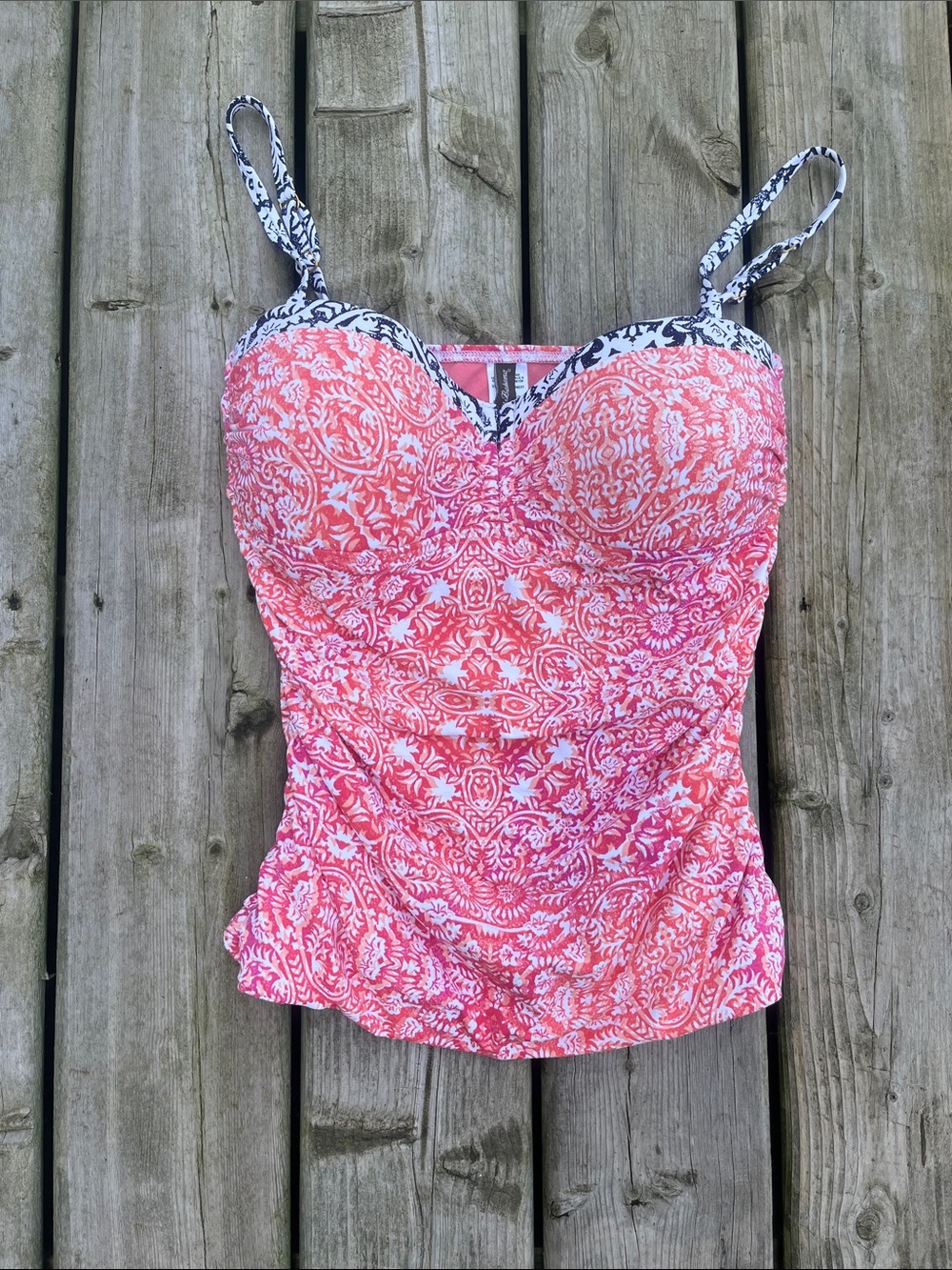 Tommy Bahama Coral Pink Patterned Sweetheart Tankini Top Medium